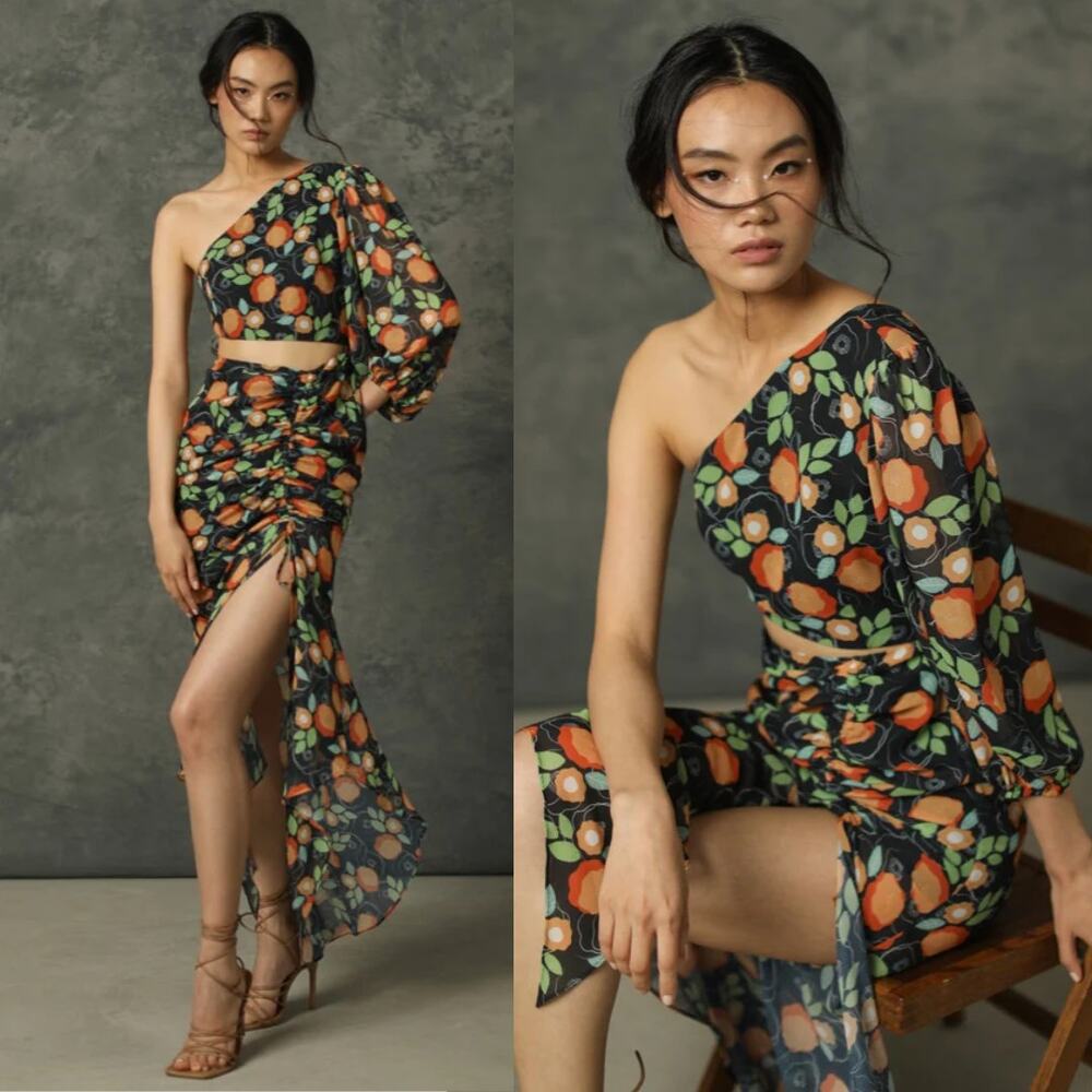 NEW Sau‎ Lee Dress Black Floral One Shoulder Cut Out Cocktail Maxi Dress Sz 2